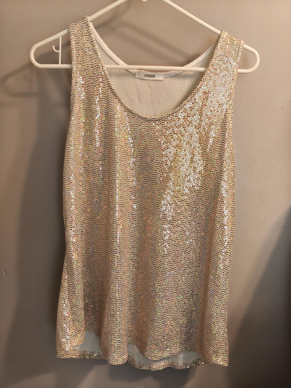 Cherish Holographic Iridescent Sequin Scoop Neck Racerback Tank Top Med Festival